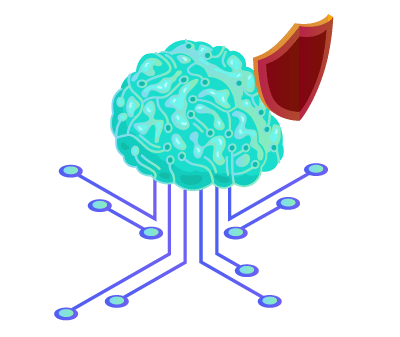 Network lines coming down from a Brain representing AI behind a red shield